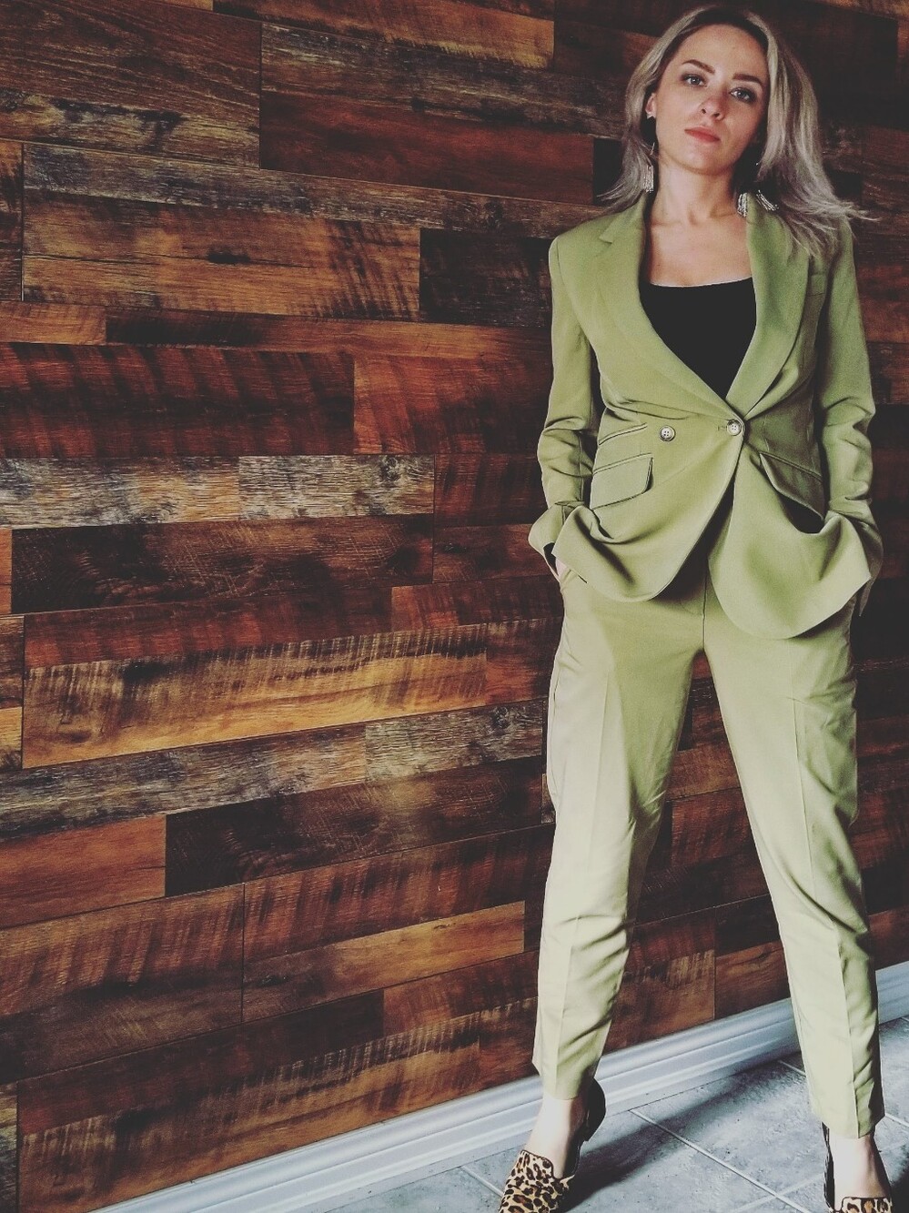 Topshop Tailored Double-Breasted Suit Blazer & Cigarette Pants in Khaki US 4